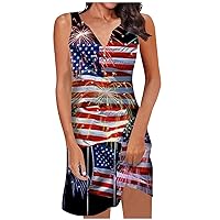 Women Casual Round Neck Hollow Ring Colorful Independence Day Print Sleeveless Dress 1 Plus Size Long Casual