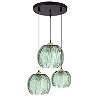 Spherical Pendant Light w/Leaf Vein Green Glass Lampshade Industrial Vintage E26 Gold Finish Globe Ceiling Hanging Lamp Farmhouse Dining Room Lighting Fixture (3-Lights)