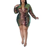 Women's Sparkly Sequin Plus Size Nightclub Dress Sexy Deep V Neck Long Sleeve Bodycon Club Glitter Mini Dresses