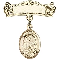 Jewels Obsession Baby Badge with St. Jude Thaddeus Charm and Arched Polished Badge Pin | 14K Gold Baby Badge with St. Jude Thaddeus Charm and Arched Polished Badge Pin - Made In USA