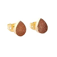 Guntaas Gems Minimalist Designer Pear Orange Sugar Druzy Brass Gold Plated Tiny Gemstone Stud Earring