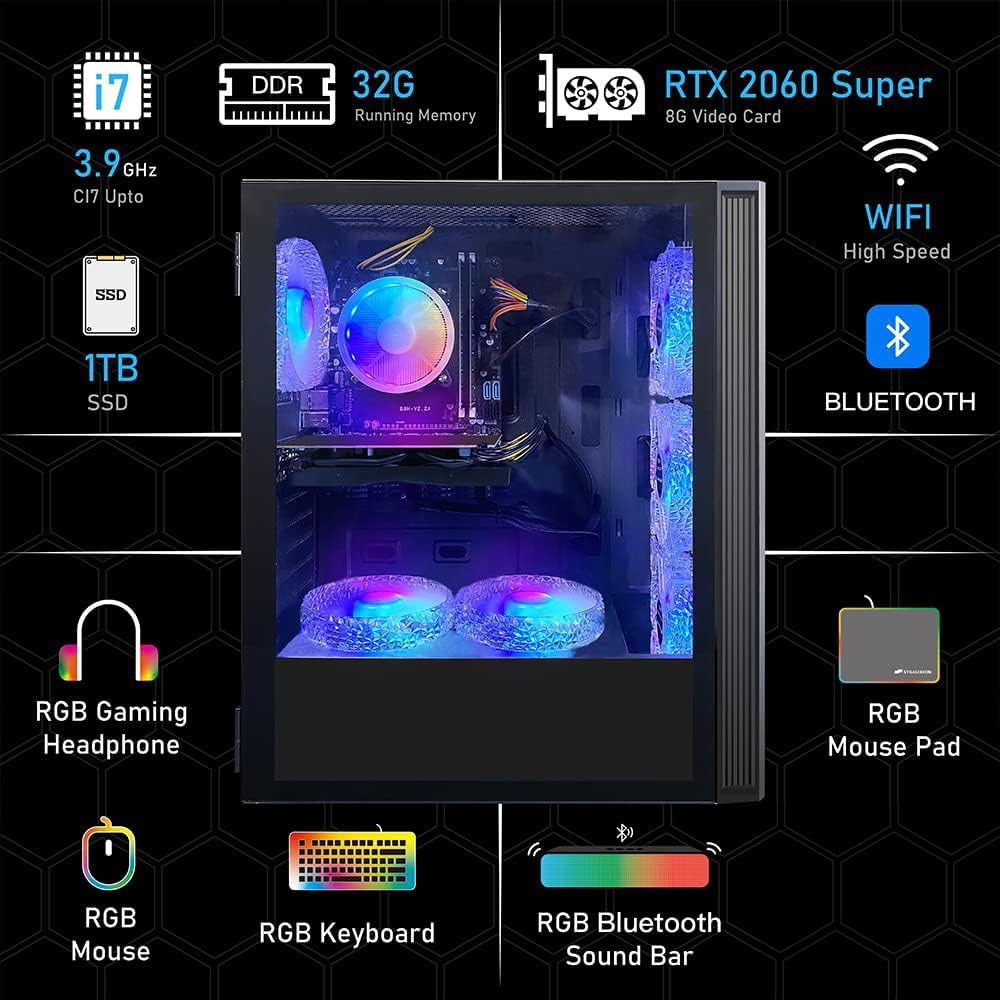 STGAubron Gaming Desktop PC,Intel Core i7 3.4G up to 3.9G,GeForce RTX 2060 Super 8G GDDR6,32G,1TB SSD,WiFi,BT 5.0,RGB Keybaord,RGB Mouse,RGB Mouse Pad,RGB BT Sound Bar,RGB Bluetooth Headset Mic,W10H64