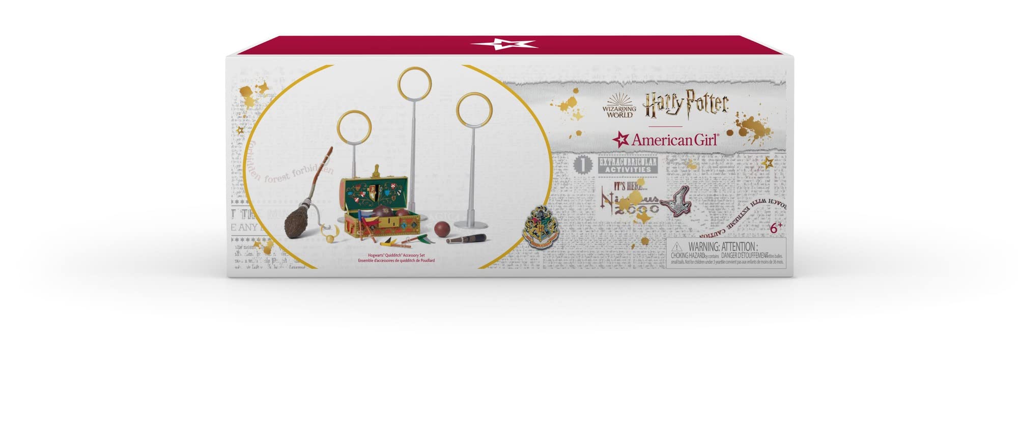 American Girl Harry Potter Hogwarts Quidditch 13-Piece Accessory Set with a Broomstick, Three Ring Goals, Golden Snitch, and House pennants: Gryffindor, Hufflepuff, Ravenclaw, and Slytherin