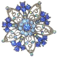 AJ Fashion Jewellery FLORINDA Silver Plated Light and Dark Sapphire Crystal Flower Brooch