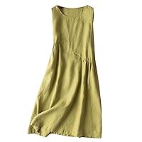 Women's Summer Casual Sleeveless Cotton Linen Sun Dress Midi Tunic Tank Beach Dress 1950s Retro Swing Long Dresses