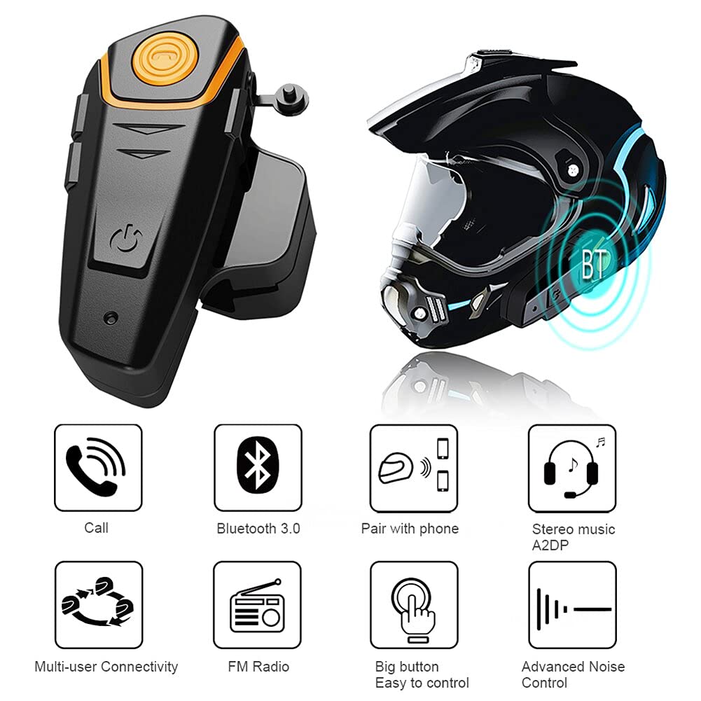 Yideng Bluetooth for Motorcycle Helmet Headset Wireless Intercom Interphone BT-S2 Walkie-Talkie Supports FM Radio GPS Voice Command Music Hands-Free up to 3 Riders Communication in 1000m(Single)