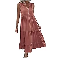 Summer Midi Dresses for Women Sleeveless Notch V Neck Boho Sundress Loose Casual Pleated Swing Flowy Tiered Beach Tank Dress