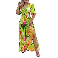 Hawaiian Dresses for Women Summer Sexy Low Cut Backless High Split Maxi Dress Tropical Floral Beach Vacation Dresses