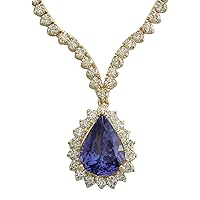 16.67 Carat Natural Blue Tanzanite and Diamond (F-G Color, VS1-VS2 Clarity) 14K Yellow Gold Luxury Drop Necklace for Women Exclusively Handcrafted in USA