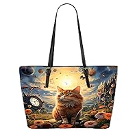 Cat In The Sunset Garden Leather Tote Bag 3d