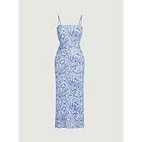 Women's Dress Floral Print Cami Dress Women's dressEVEBABY (Color : Blue and White, Size : X-Small)