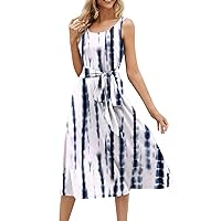 Dresses for Women 2024 Trendy Summer Beach Cotton Sleeveless Tank Dress Wrap Knot Dressy Casual Sundress with Pocket Today Deals(6-Dark Gray,XX-Large)