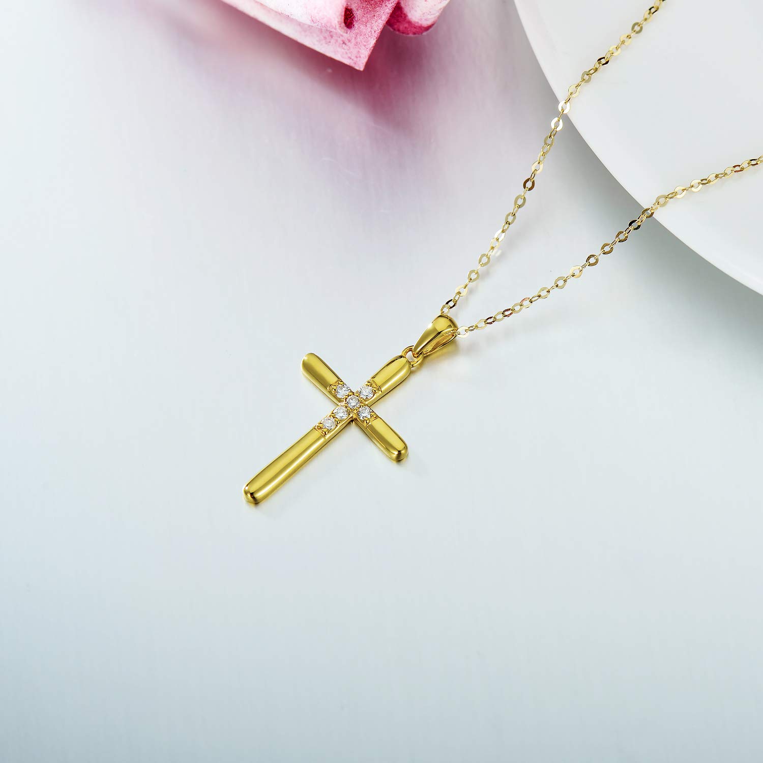 14K Solid Gold Diamond Cross Necklace for Women, 0.09 Carat (ctw) Natural Diamonds Real Gold Blessing Cross Pendant Necklace Religious Jewelry Gift for Her, 18 inch
