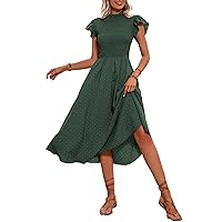 Summer Dresses for Women 2023 Allover Print Shirred Detail Cap Sleeve Midi A-Line Dress