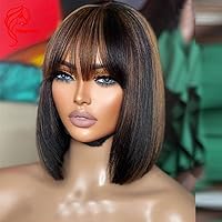 Full Lace Wig Short Bob Human Hair Highlight Wigs with Bangs Ombre 1B/30 Color Full Lace Front Wigs Brazilian Human Hair 14 inch Glueless Wigs for Black Woman 150% Density Bangs Wig