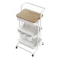 DTK 3 Tier Rolling Utility Cart with Cover Top Board, Movable Kitchen Storage Cart Trolley with Lockable Wheels, Cups, Hooks for Kitchen Bathroom Home Office Art Craft Storage and Organization(White)