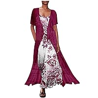 Womens Summer 2 Piece Outfit Elegant 3/4 Sleeve Long Chiffon Tulle Cardigan & Crewneck Sleeveless Floral