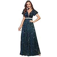 Dresses for Women - Contrast Mesh Puff Sleeve Plunging Neck Glitter Dress (Color : Dark Green, Size : Large)