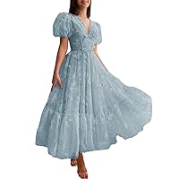 Women's 3D Butterflies Prom Dress Tulle Puffy Sleeve Princess Evening Gowns V Neck Formal Party Dress Tea Length