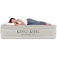 King Koil Luxury Pillow Top Plush Queen Air Mattress with High-Speed Built-in Pump, Blow Up Bed Top Side Flocking, Puncture Resistant, Double High Inflatable Airbed Guests or Travel 1-Year Warranty