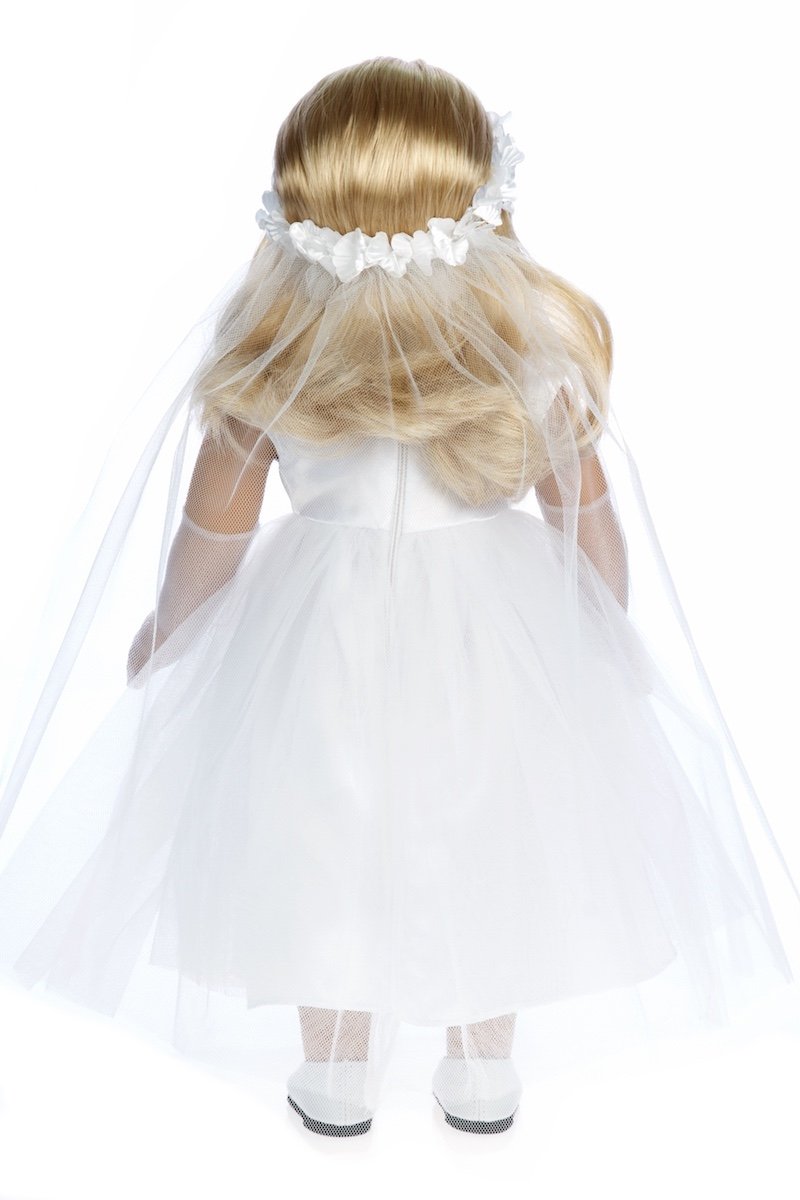 Little Angel - 4 Piece 18 inch Doll Outfit - White Satin and Tule First Communion Dress with Long Gloves, Veil and White Shoes (Doll not Included)