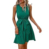 Summer Dresses for Women 2024 Sleeveless Striped Print Notched Neck Belted Dress