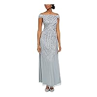 Adrianna Papell Off-The-Shoulder Beaded Gown Frosted Sage 10