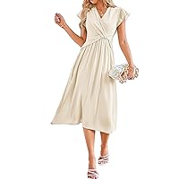 Womens Dresses Casual Ruffle Short Sleeves Chiffon Empire Waist Elastic V-Neck Wedding Guest A-Line Maxi Dress