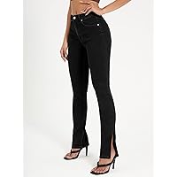 Jeans for Women Pants for Women Women's Jeans Zipper Fly Split Hem Skinny Jeans (Color : Black, Size : W30 L32)