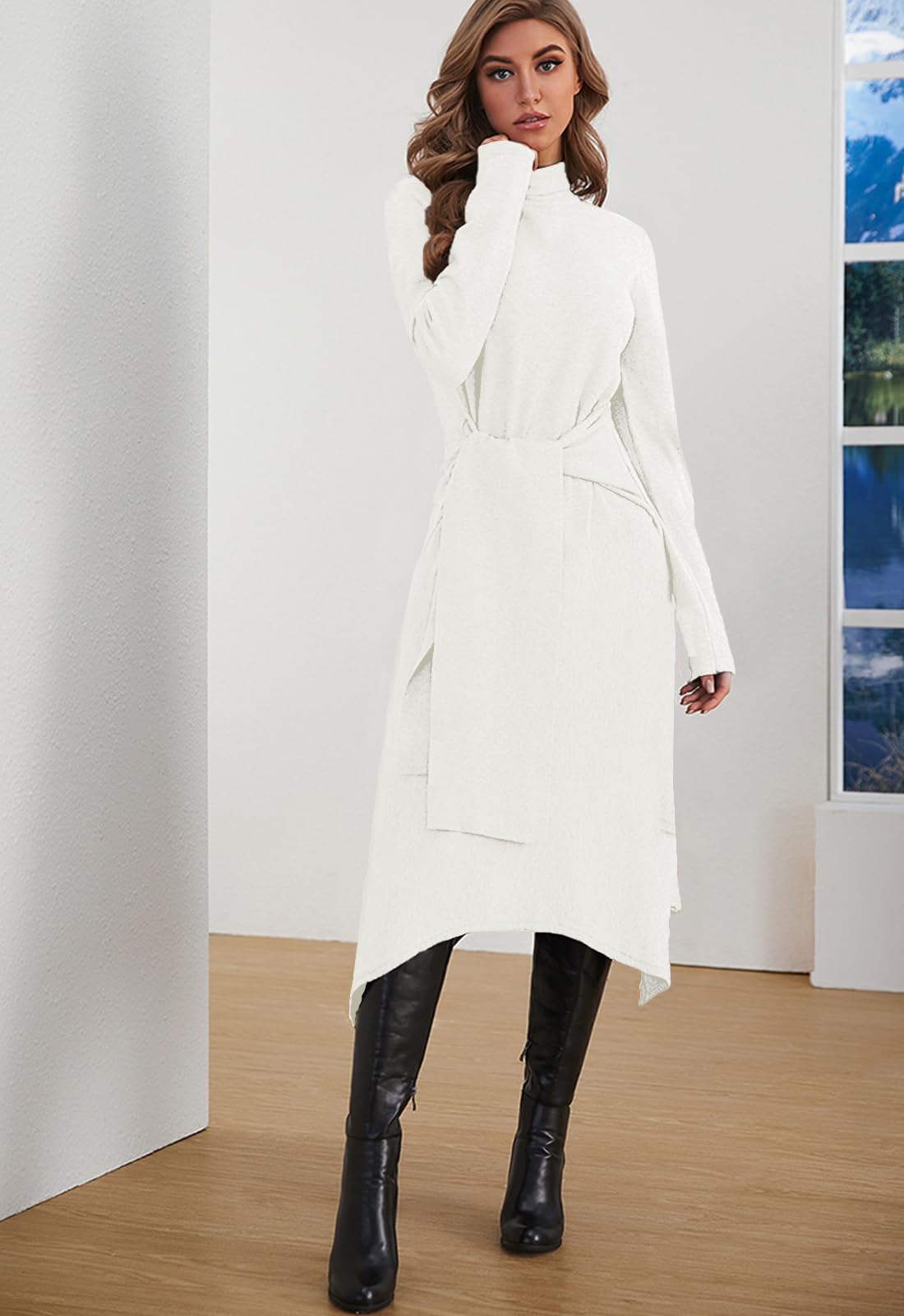 Jayscreate Women's Fall Sweater Dress 2023 Long Sleeve Midi Tie Front A-Line High Waist Winter Business Casual Dress