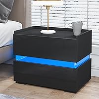 LED Nightstand with 2 Drawers Modern Nightstand Black with Border Tabletop High Gloss Night Table LED Bedside Table with 16 Colors LED End Table Smart Nightstand for Bedroom Furniture