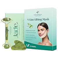 PLANTIFIQUE Jade Roller Gift and Gua Sha Set and V-Line Double Chin Mask 5 PCS with Hyaluronic Acid