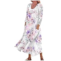 3/4 Sleeve Dresses for Women Summer Flowy Maxi Dresses Printed Long Dress Boho Casual Beach Sundresses with Pockets