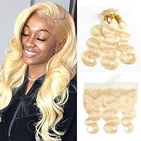 613 Blonde Human Hair 3 Bundles with Frontal Brazilian Body Wave with Baby Hair Frontal 100% Ear to Ear Virgin Human Hair Weave with Lace Frontal (24 26+20)