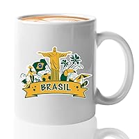 Brazil Coffee Mug 11 oz, Brasil Country Flag Rio De Janeiro Soccer Football Art Deco Statue Souvenir Gift Idea for Traveler Man Women, White