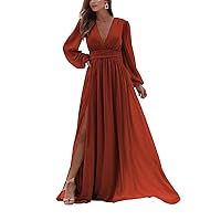 Women’s V Neck Chiffon Bridesmaid Dresses with Slit Long Sleeve Formal Evening Party Gowns Wedding Dress