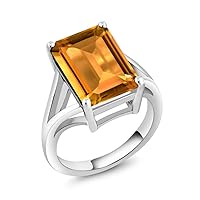 Gem Stone King 925 Sterling Silver Yellow Citrine Solitaire Engagement Ring For Women (8.20 Cttw, Emerald Cut 14X10MM, Gemstone Birthstone, Available 5,6,7,8,9)