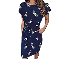 Women Flower Print Bowknot Belted Trendy Sheath Dress Short Sleeve Crewneck Casual Summer Dressy Pencil Dresses