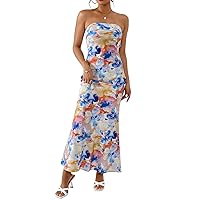 Womens Summer Dresses Floral Print Draped Backless Tube Dress Women's Casual Strapless Sleeveless Long Dress