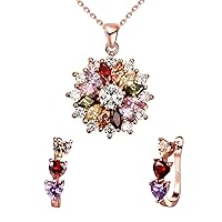 Colorful Snowflake Pendant Necklace Heart Earring Set in 18k Rose Gold Plated Ladies with 5A Cubic Zirconia Christmas Jewelry Gift Birthday Gifts for Mom Wife Girls