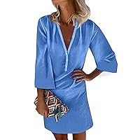 3/4 Sleeve Dress for Women, Casual Dresses V Neck Three Quarter Button Sundress Summer Business 2024, S XXXL