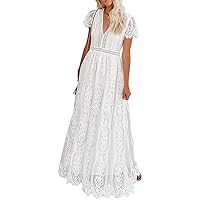 Women's V Neck Short Sleeve Floral Lace Wedding Dress Bridesmaid Cocktail Party Maxi Dress