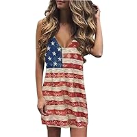 AIMITAG American Flag Patriotic Mini Dress for Women Summer Geometric Pattern Print Tank Dress USA Flag Memorial Day Dress