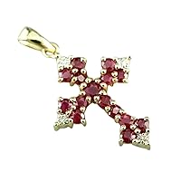 2 CT Red Ruby and Diamond Religious Cross Pendant Necklace 14K Yellow Gold Over Silver