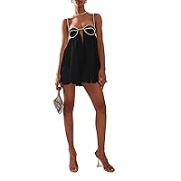 Y2K Going Out Mini Dress Rhinestone Spaghetti Strap Chest Strap Plunge Dress Sleeveless Party Club Dresses