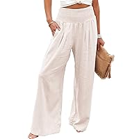 Women Linen Pants Elastic High Waist Wide Leg Palazzo Lounge Pants Casual Loose Beach Pants with Pockets