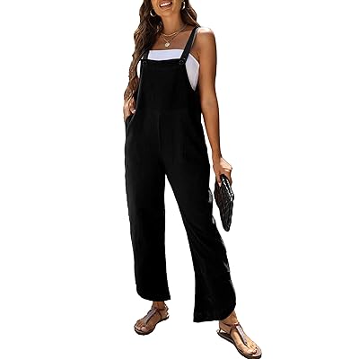 PUWEI Womens Cotton Linen Adjustable Bib Overalls Casual Wide Leg Baggy  Jumpsuit with Pockets