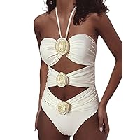 Swmmer Liket Women One Piece Swimsuit Sexy Halter Bathing Suit Tummy Control Swimwear Cutout Beachwear 3D Flower Monokini