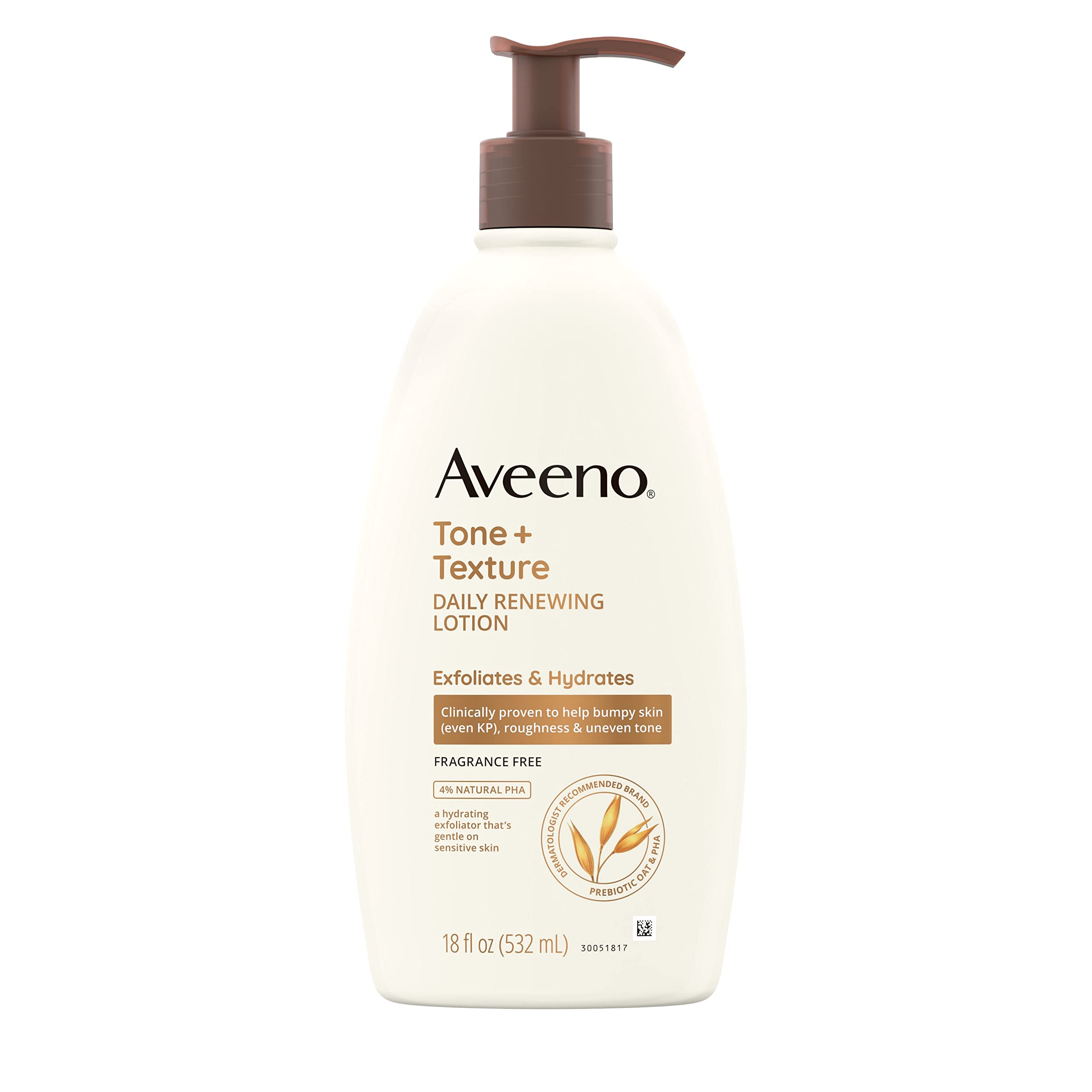 Aveeno Tone + Texture Daily Renewing Lotion With Prebiotic Oat, Gentle Lotion Exfoliates & Hydrates Sensitive Skin, Clinically Proven to Help Bumpy, Rough Skin, Fragrance-Free, 18 Fl. Oz