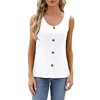 Cute Tank Tops for Women Trendy，Womens Summer Sleeveless Casual Solid Basic T Shirts Button Scoop Neck Tanks Blouse